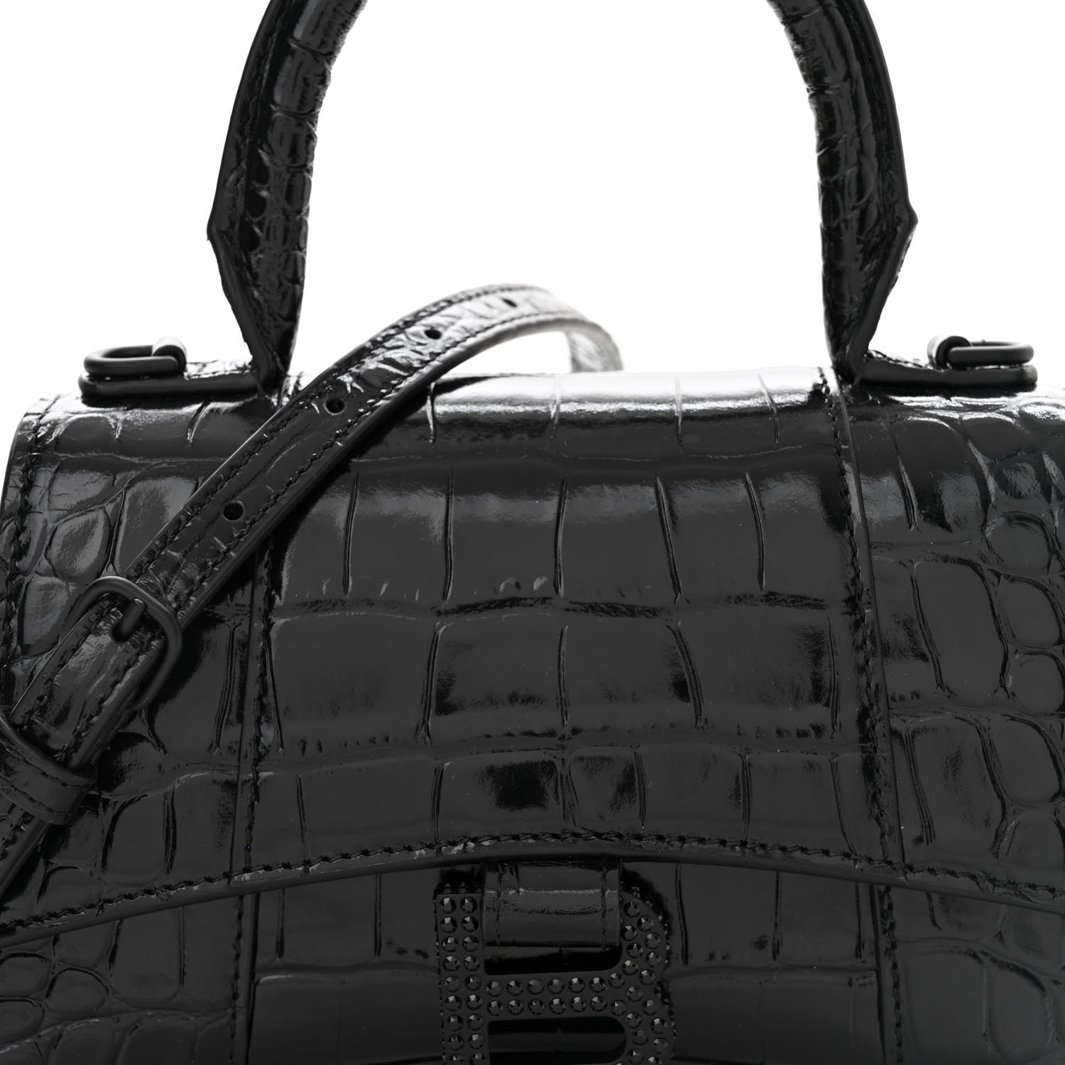 Balenciaga Shiny Calfskin Strass Monochrome Crocodile Embossed Hourglass Top Handle Bag XS Black 9 of 13