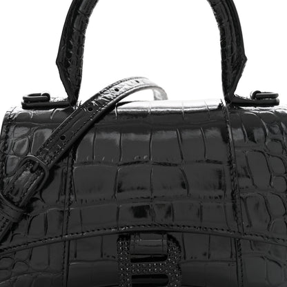 Balenciaga Shiny Calfskin Strass Monochrome Crocodile Embossed Hourglass Top Handle Bag XS Black 9 of 13