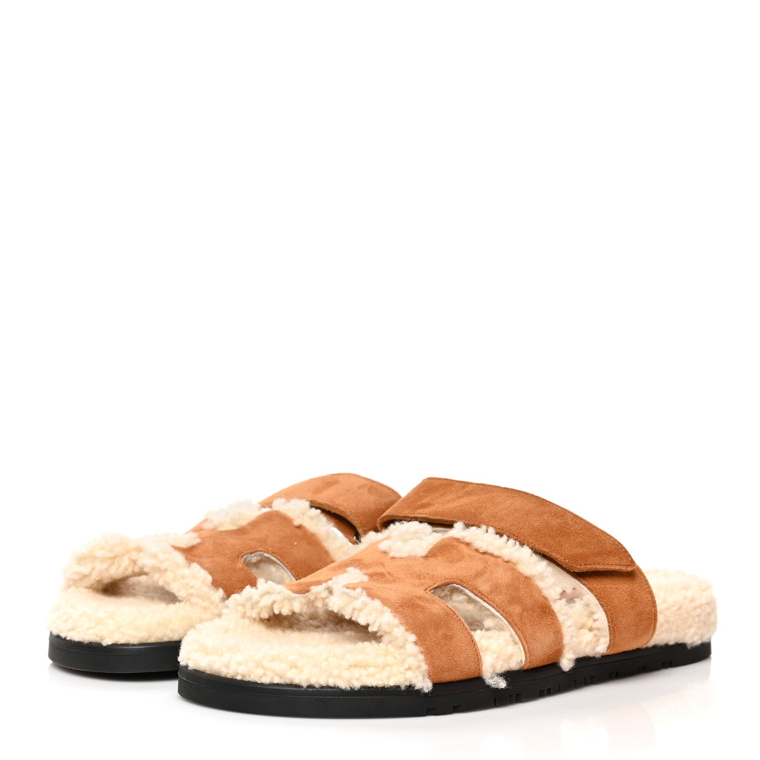 Hermes Suede Goatskin Woolskin Womens Chypre Sandals 38 Golden Beige 3 of 8