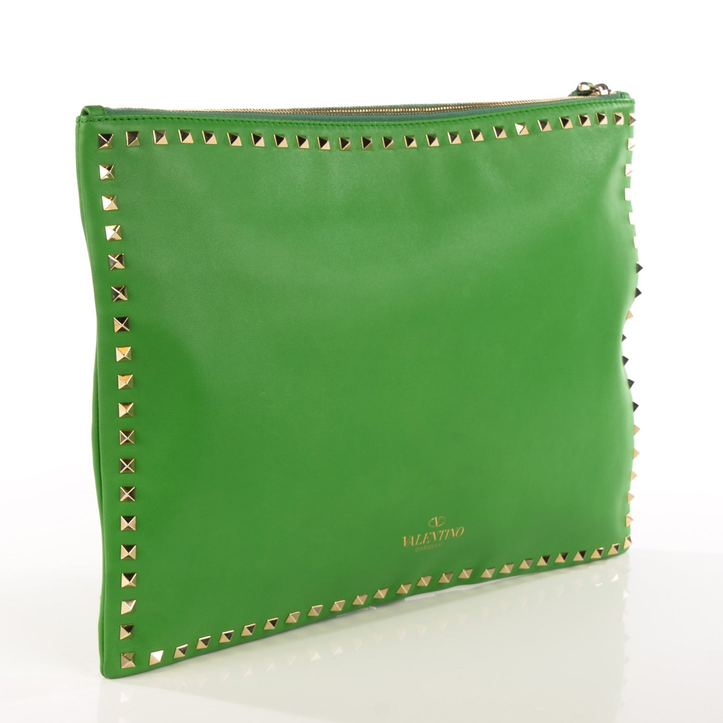 Vitello Rockstud Oversized Zip Wristlet Pouch Green