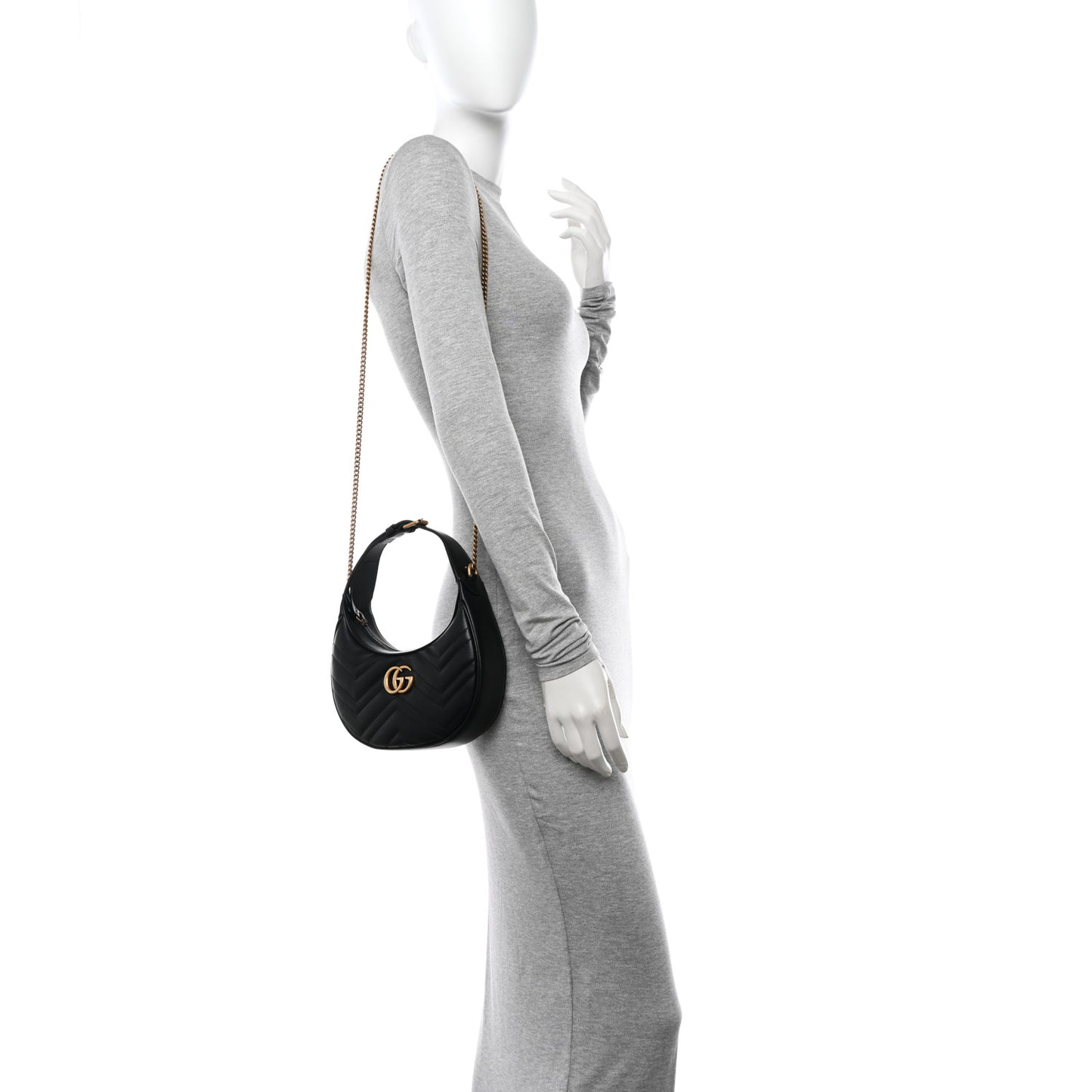 Calfskin Matelasse Chevron Mini GG Marmont Half Moon Hobo Black