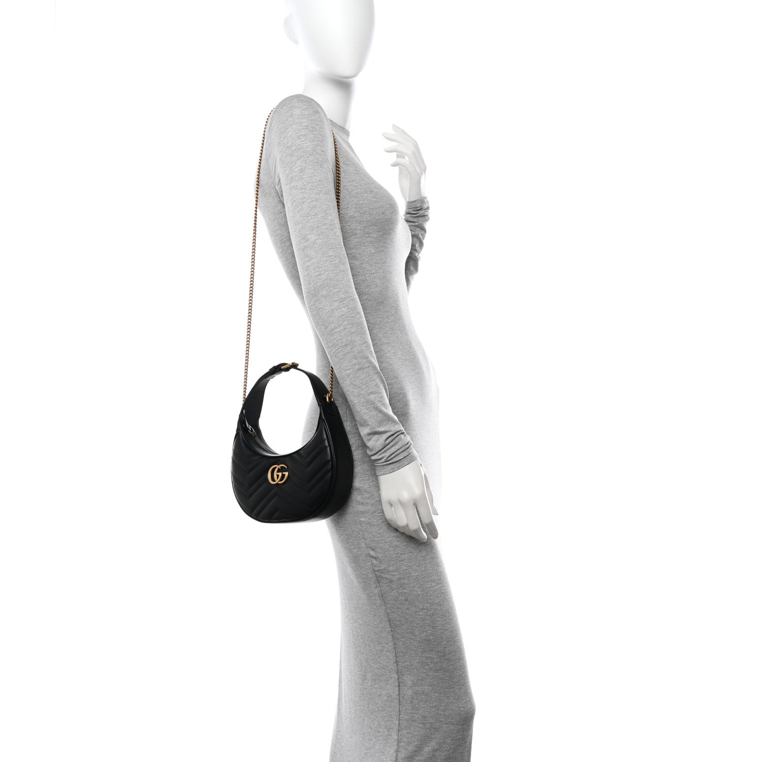 Gucci Calfskin Matelasse Chevron Mini GG Marmont Half Moon Hobo Black 2 of 10