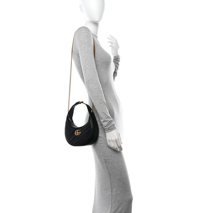 Gucci Calfskin Matelasse Chevron Mini GG Marmont Half Moon Hobo Black 2 of 10