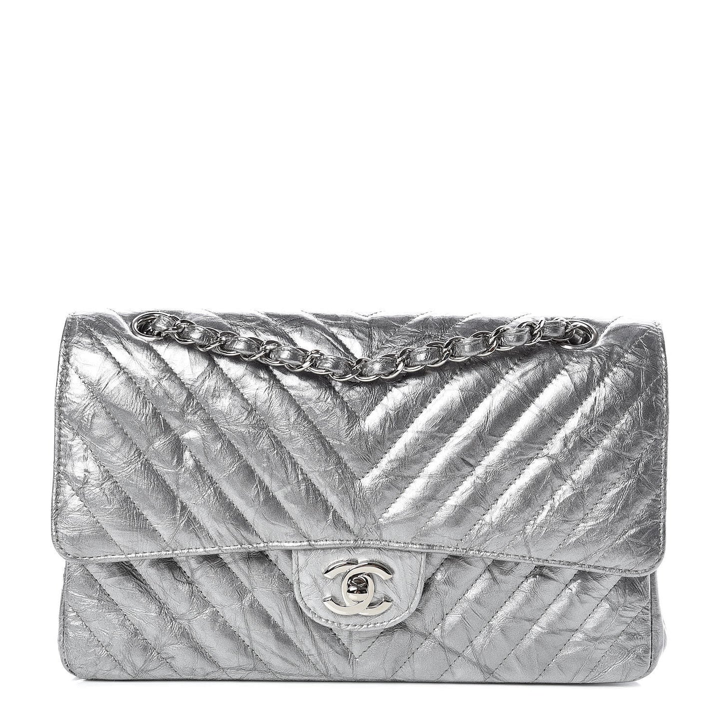 Metallic Crumpled Patent Chevron Quilted Medium Double Flap Silver