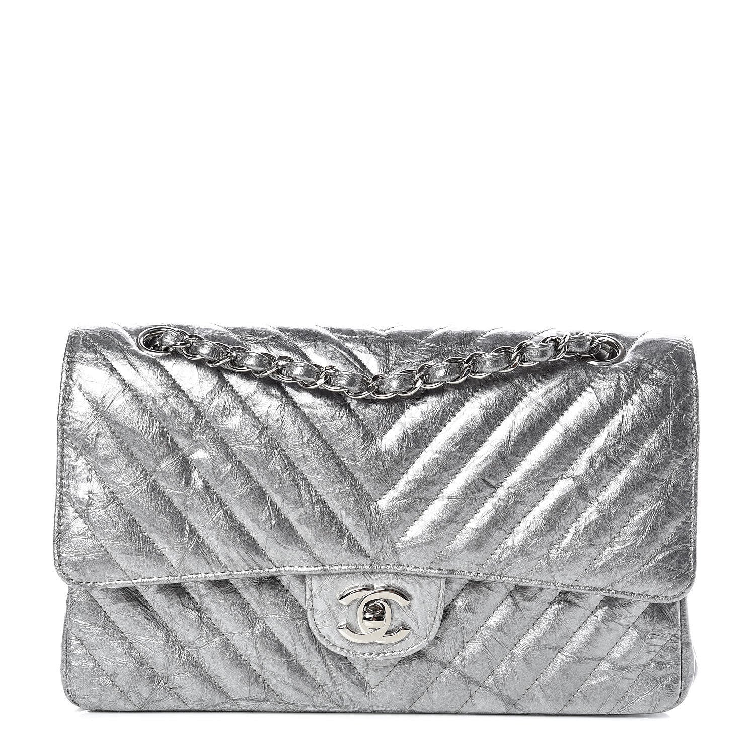 Chanel Metallic Crumpled Patent Chevron Quilted Medium Double Flap Silver 1 of 9