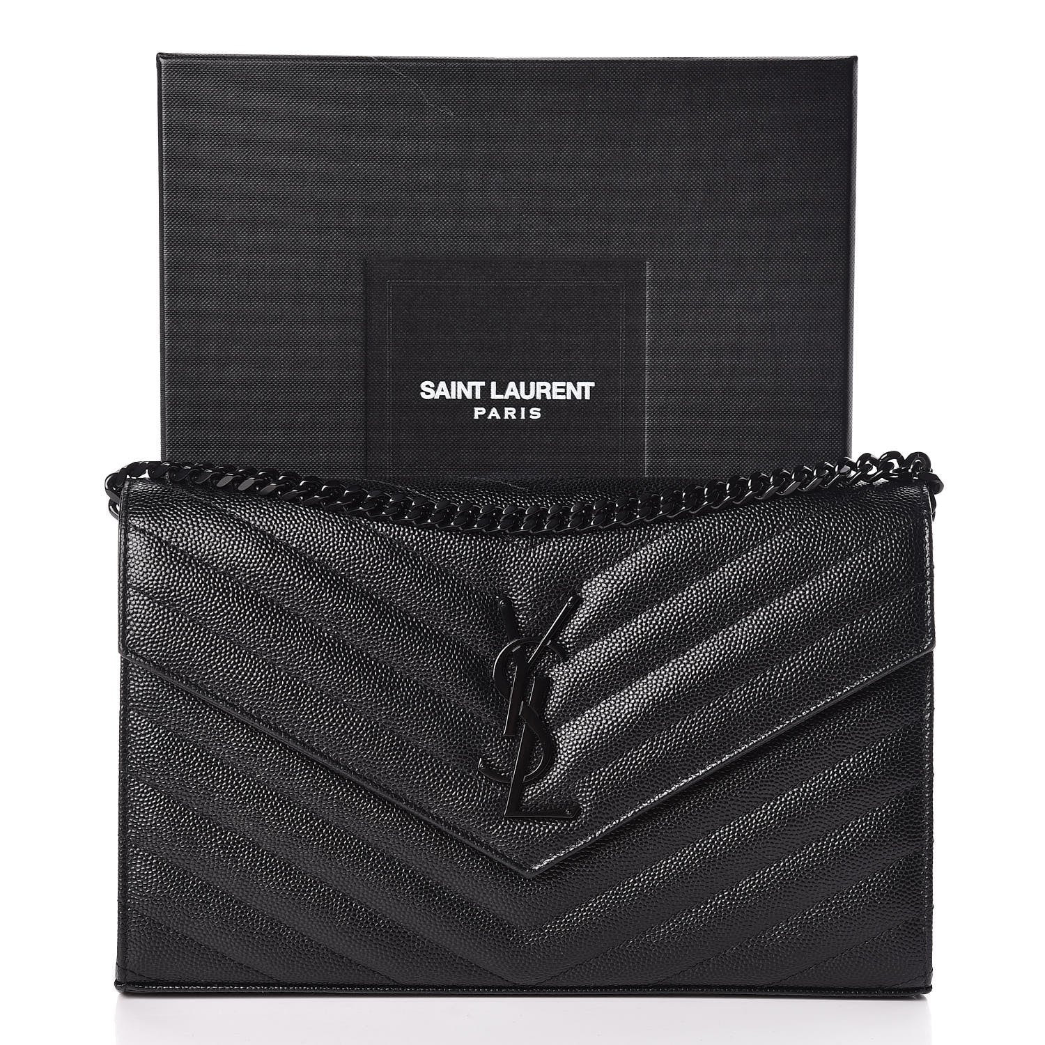 Saint Laurent Grain De Poudre Matelasse Chevron Monogram Chain Wallet Black 13 of 13