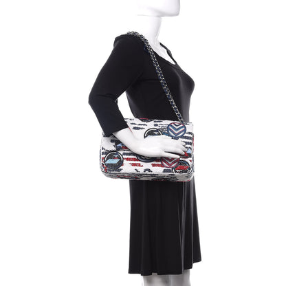 Chanel Tweed Airline Printed Jumbo Double Flap White Navy Red Peacock 3 of 11