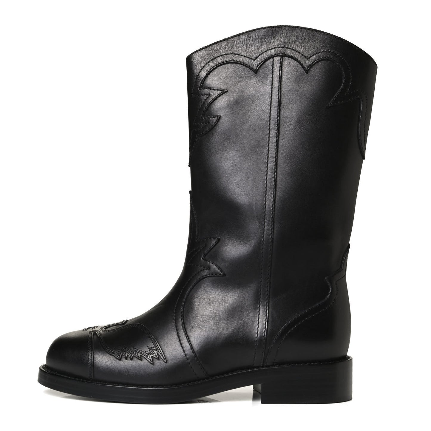 Calfskin Embroidered Western Boots 35 Black