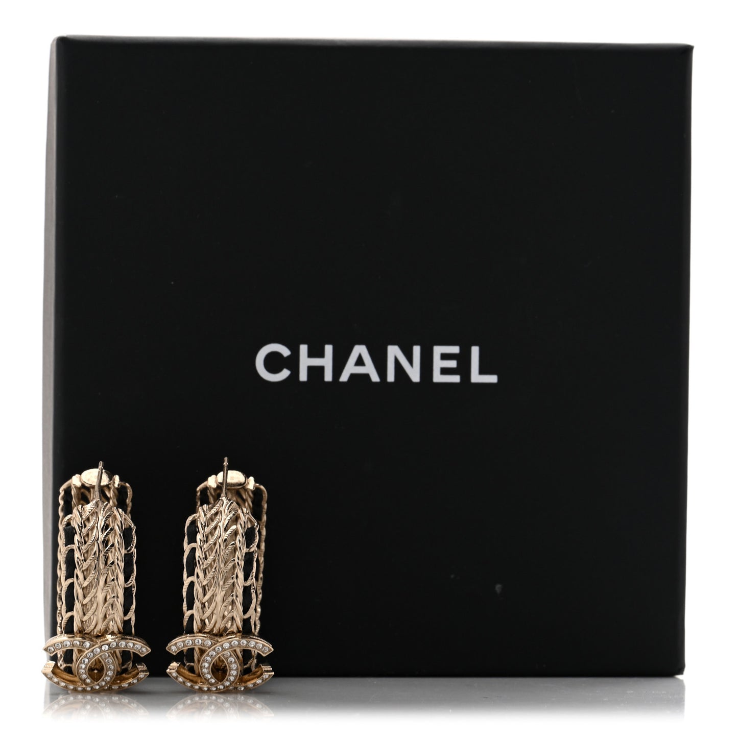 Crystal Lambskin CC Double Chain Hoop Earrings Gold Black