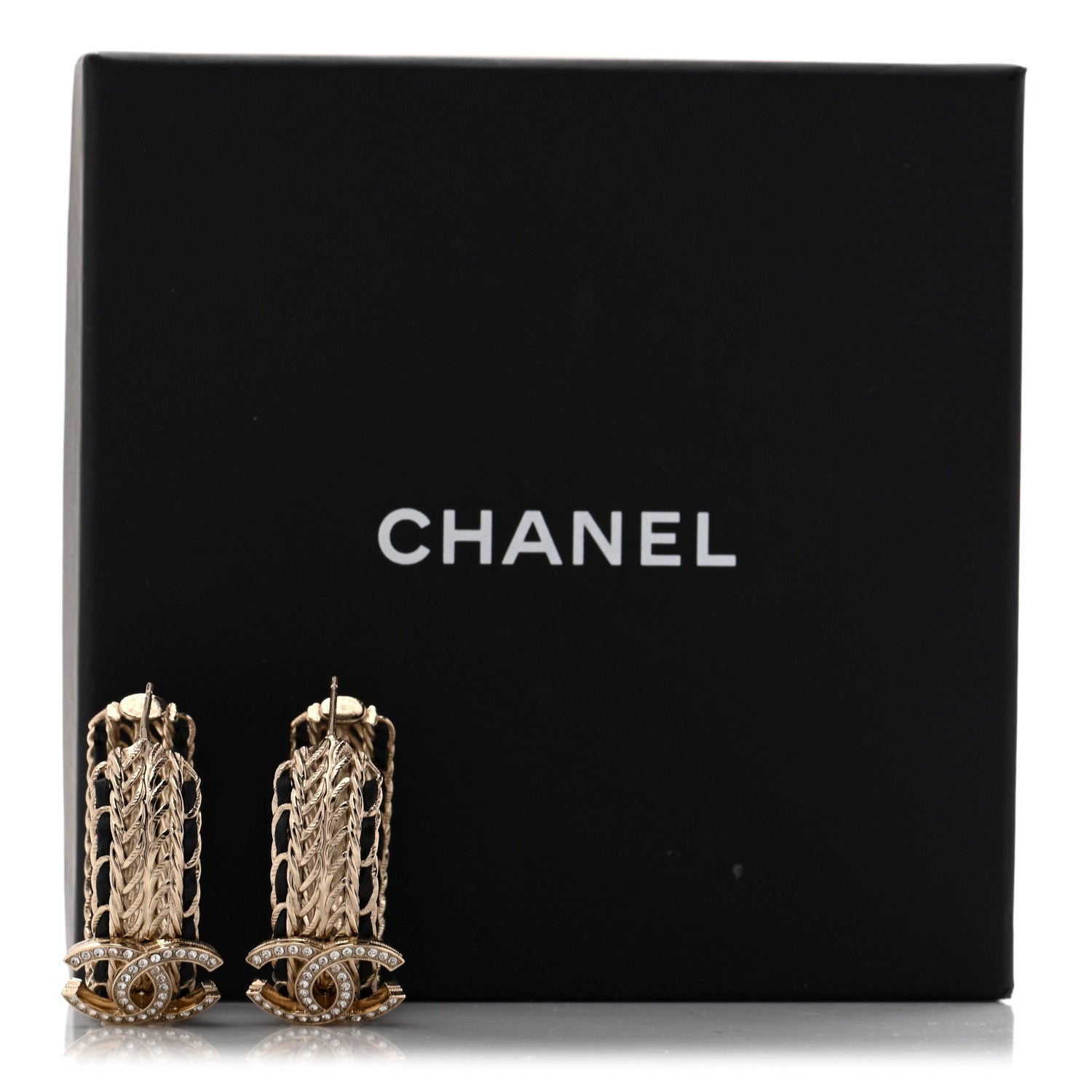 Chanel Crystal Lambskin CC Double Chain Hoop Earrings Gold Black 5 of 5