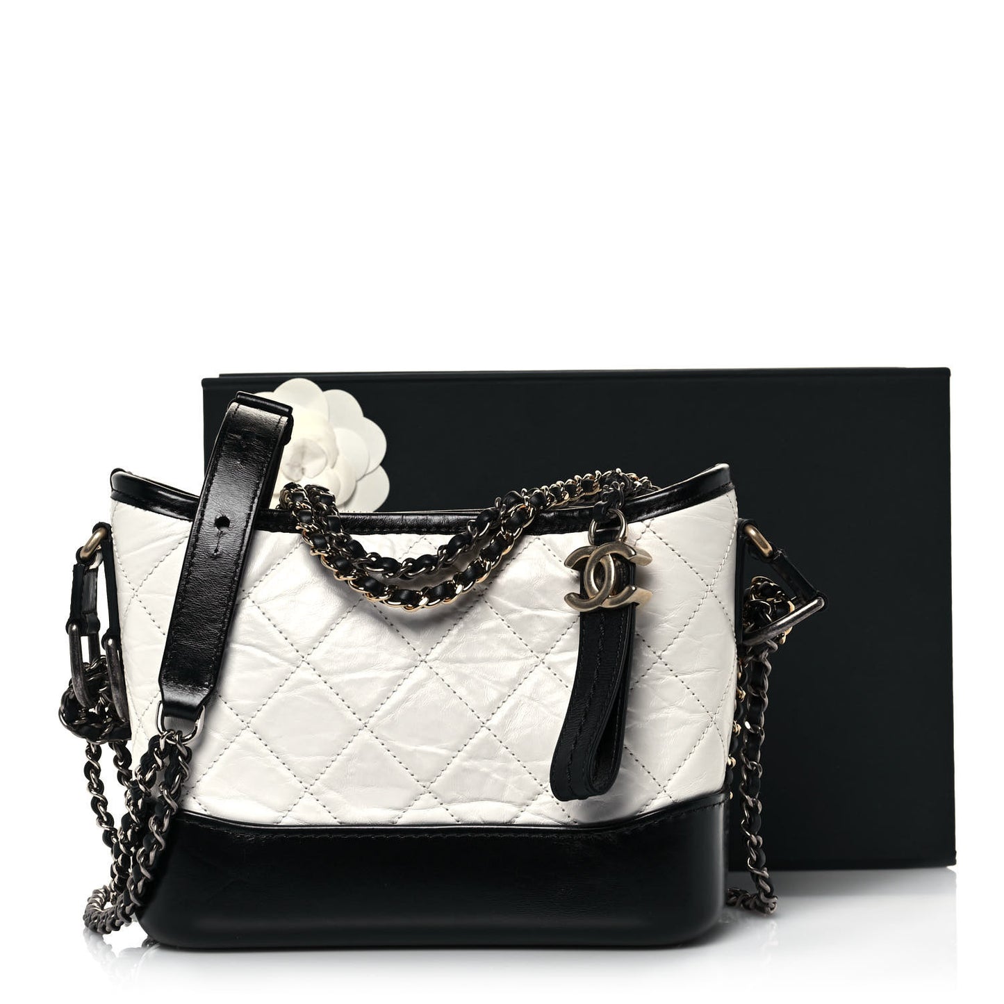 Aged Calfskin Quilted Small Gabrielle Hobo Black White
