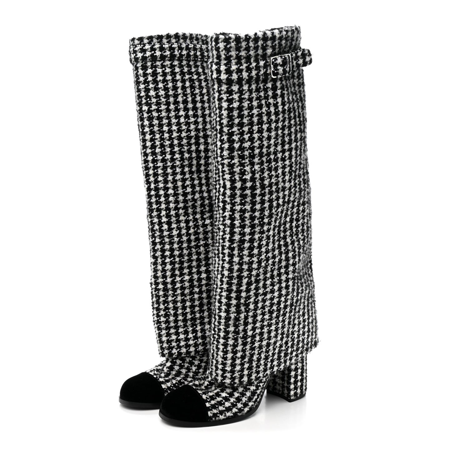 Tweed Sequin Velvet Cap Toe Fold Over High Boots 38.5 White Black