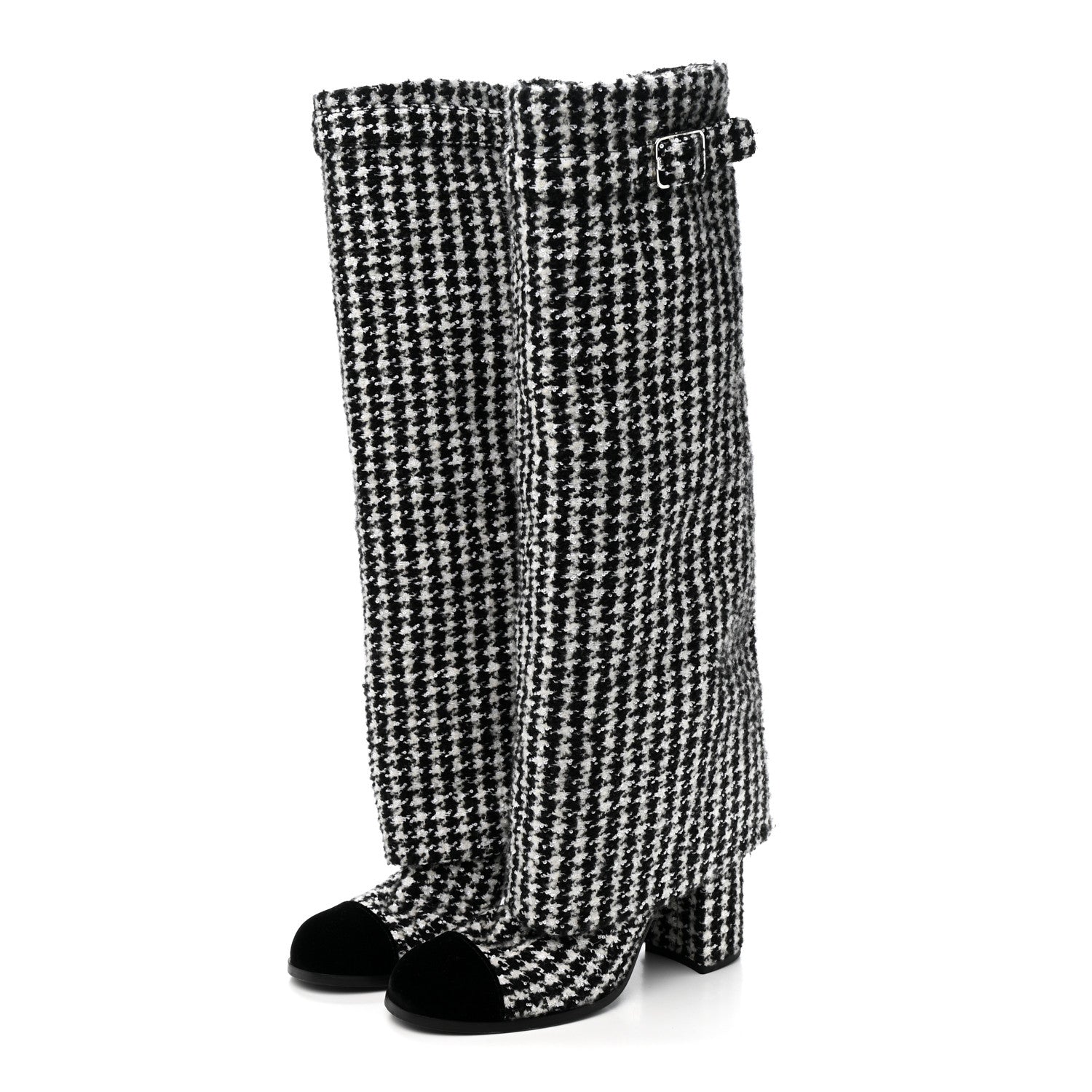 Chanel Tweed Sequin Velvet Cap Toe Fold Over High Boots 38.5 White Black 3 of 9