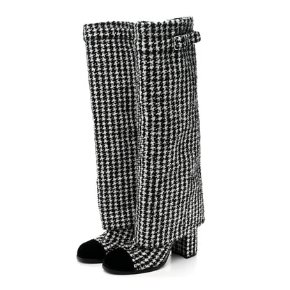 Chanel Tweed Sequin Velvet Cap Toe Fold Over High Boots 38.5 White Black 3 of 9
