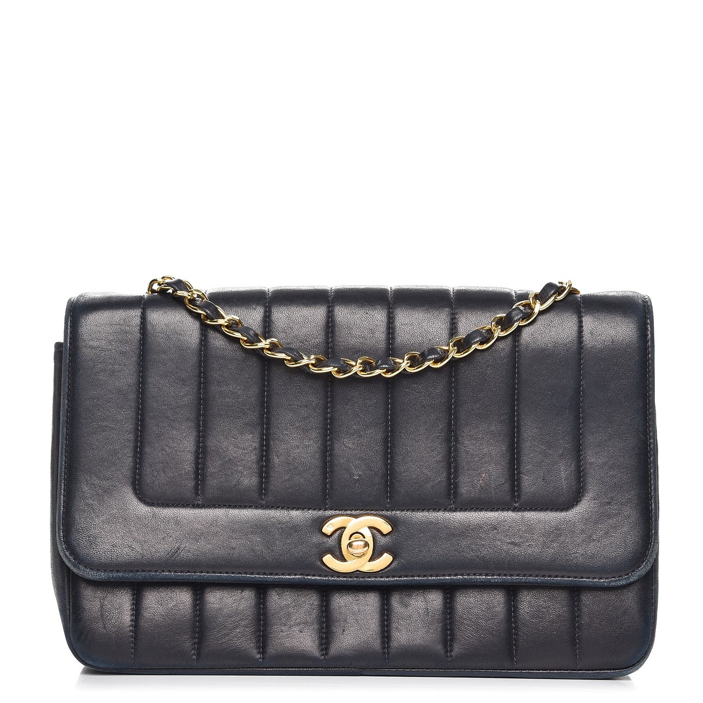 Lambskin Vertical Quilted Medium Single Flap Navy