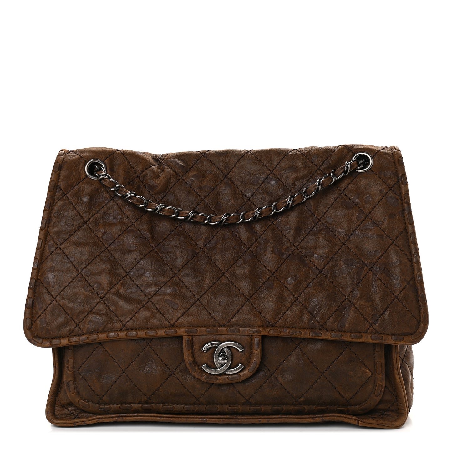 Aged Crumpled Calfskin Vintage Flap Brown