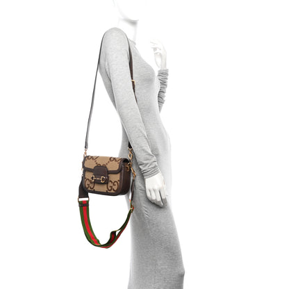 Gucci Monogram Jumbo GG Textured Dollar Calfskin Web Mini Horsebit 1955 Shoulder Bag Camel Ebony New Acero 2 of 11