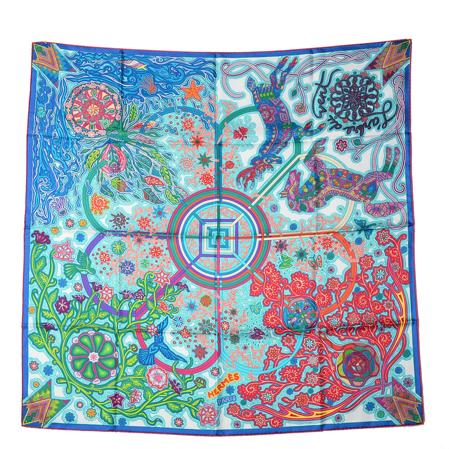 Hermes Silk L'Arbre Du Vent Scarf 90 Turquoise Vert Rose 2 of 6