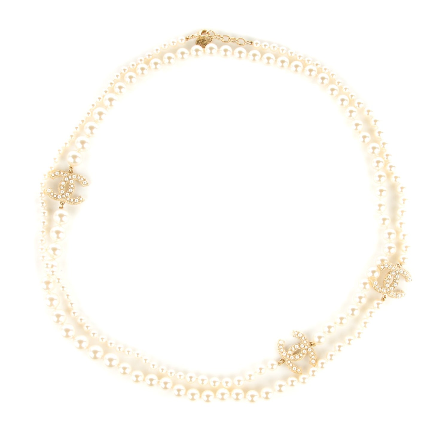 Graduated Pearl CC Long Necklace Gold