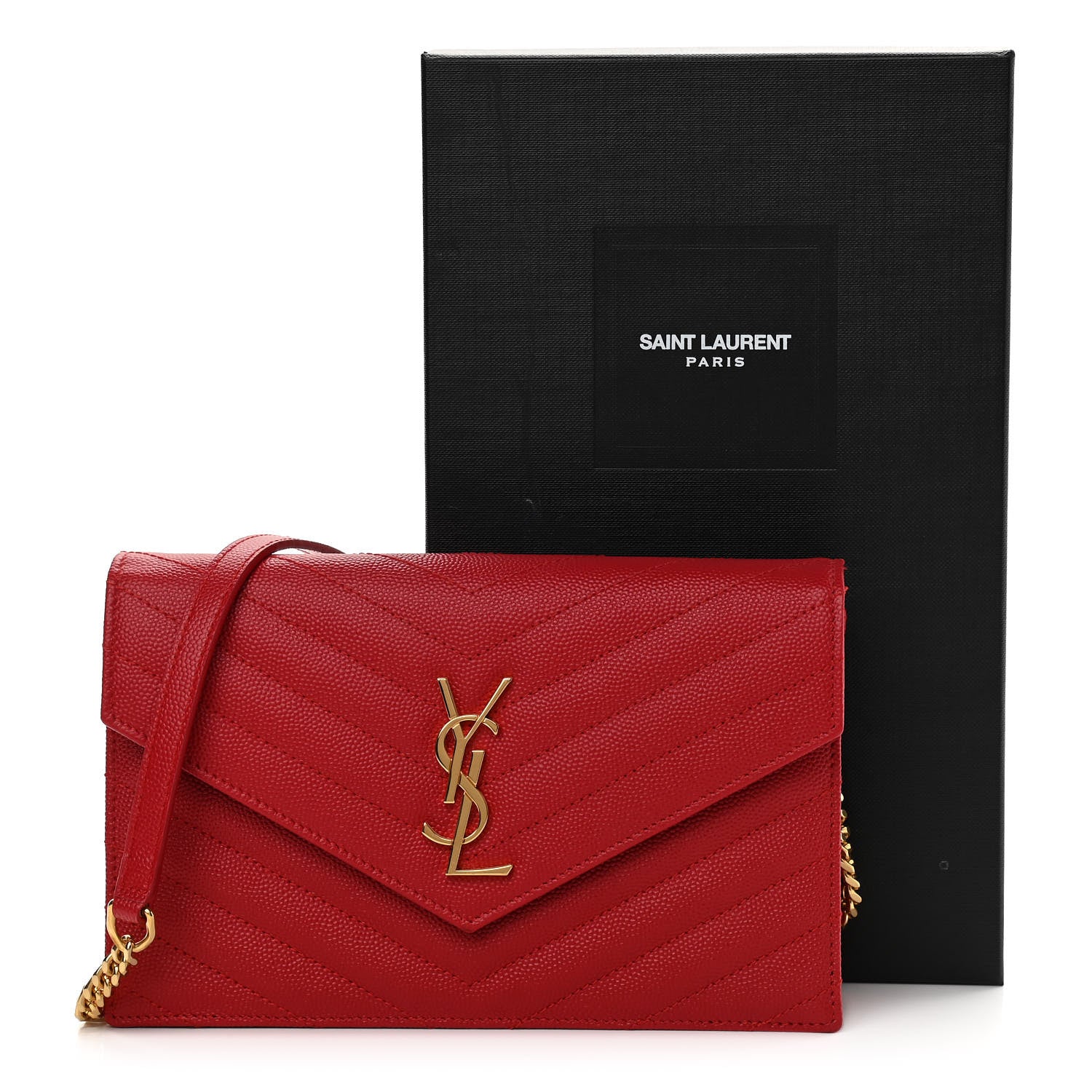 Saint Laurent Grain De Poudre Matelasse Chevron Monogram Envelope Chain Wallet New Red 12 of 12