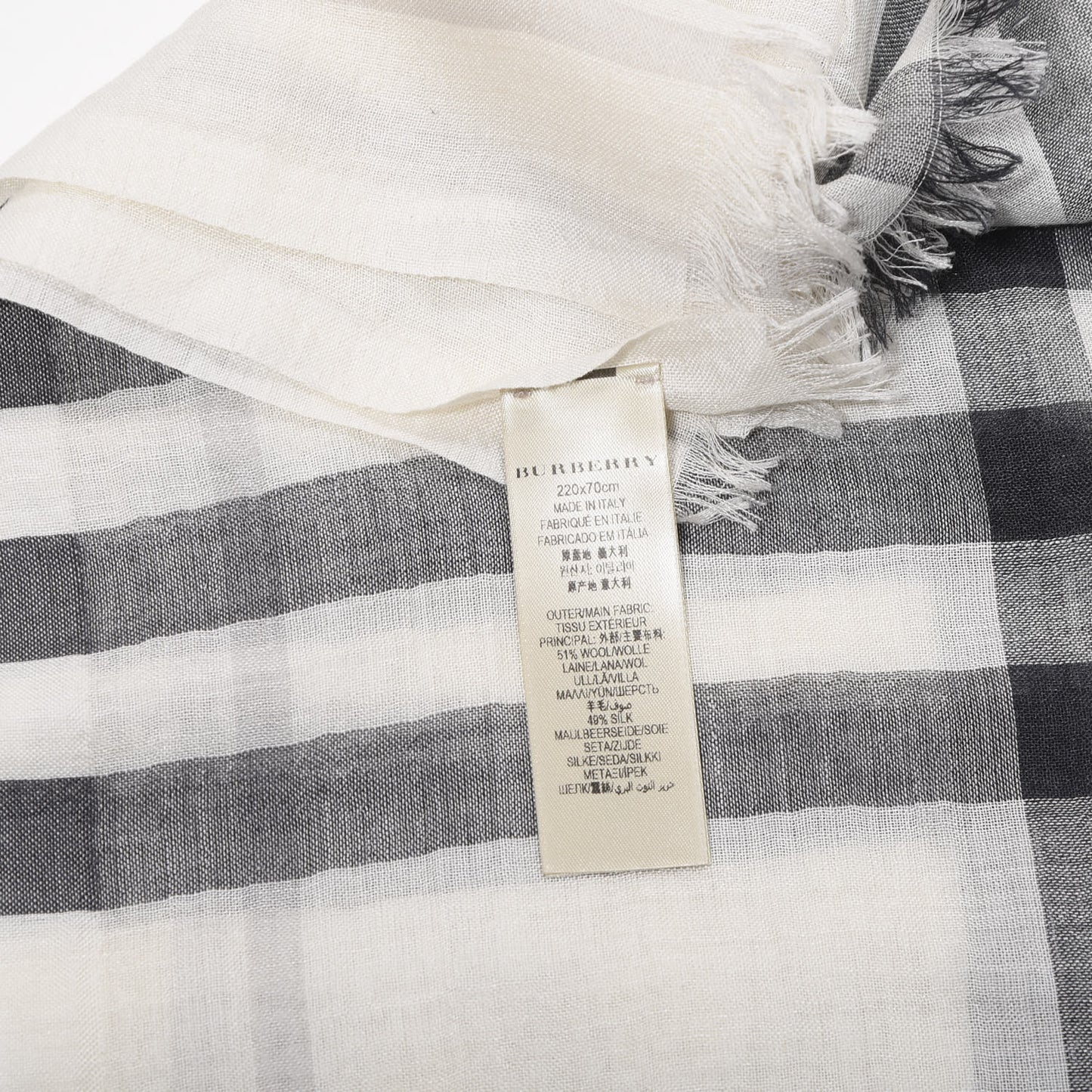 Wool Silk Gauze Giant Check Lightweight Scarf Natural White