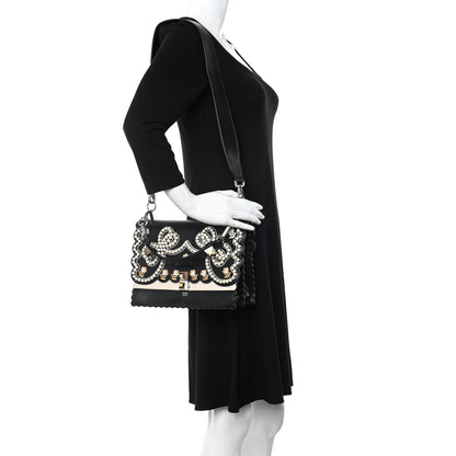 Fendi Vitello Liberty Pearl Bi-Color Flowers and Bows Scalloped Studded Kan I Shoulder Bag Black Camelia 2 of 13