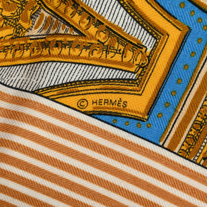 Hermes Cashmere Silk Grand Theatre Nouveau Shawl 140 Bleu Gold White 5 of 5