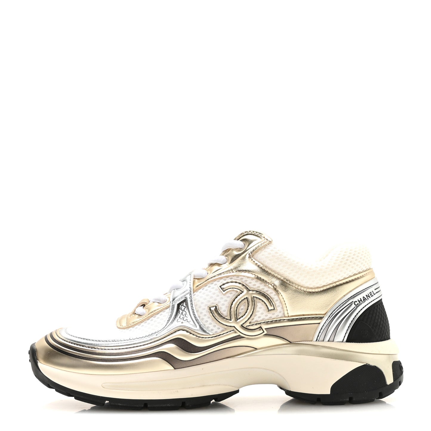 Fabric Laminated Calfskin Stretch CC Womens Sneakers 36.5 White Gold Silver