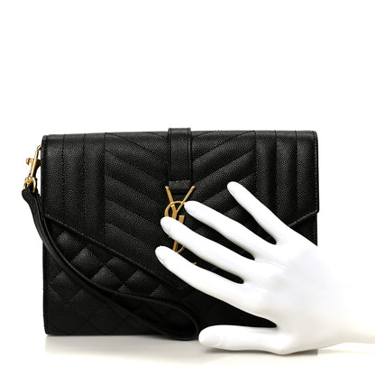 Saint Laurent Grain De Poudre Textured Mixed Matelasse Triquilt Monogram Clutch Black 2 of 9