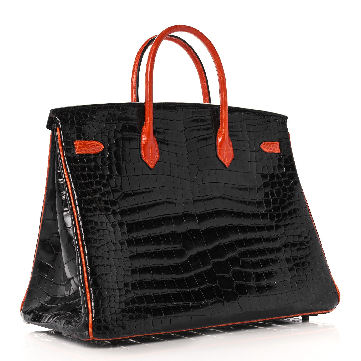 Hermes Shiny Porosus Crocodile Birkin 40 Black Orange 2 of 43