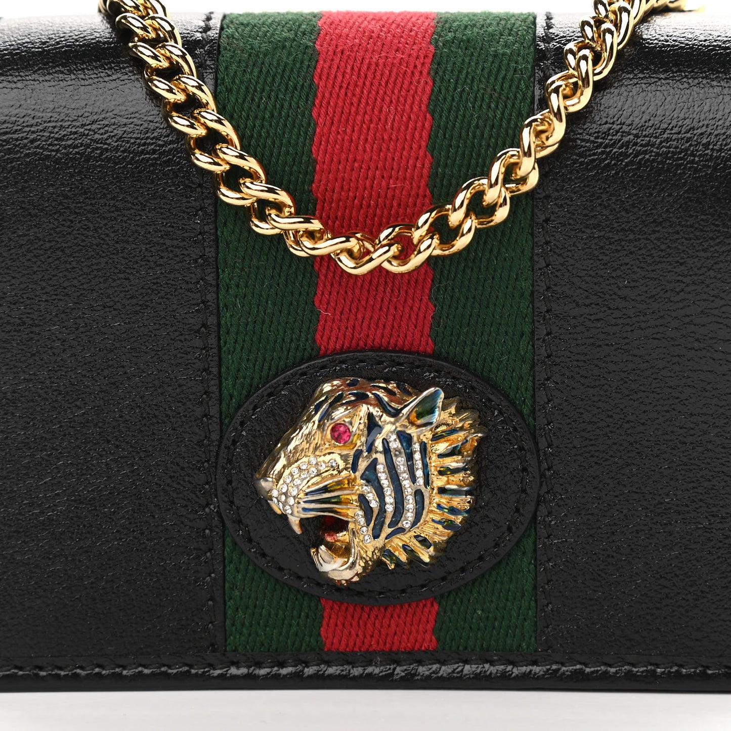 Calfskin Web Rajah Chain Card Case Wallet Black