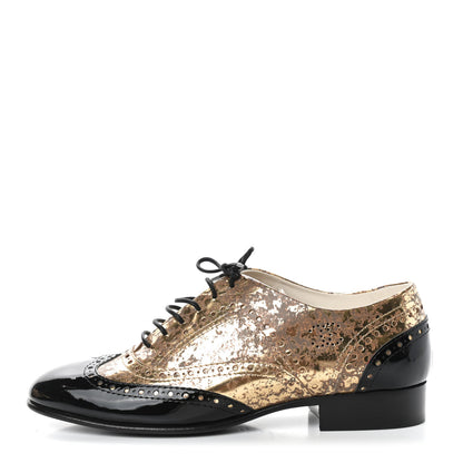 Chanel Fantasy Patent Calfskin Lace Up Oxfords 38 Gold Black 1 of 10