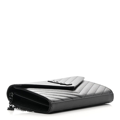 Saint Laurent Grain De Poudre Matelasse Chevron Monogram Chain Wallet Black 3 of 9