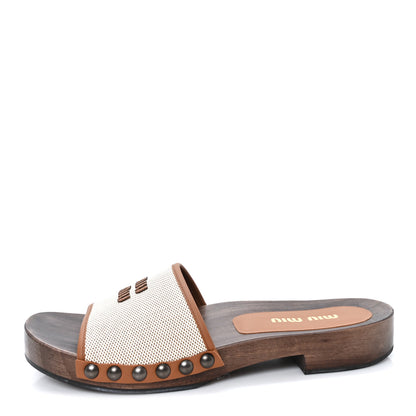 Miu Miu Canvas Calfskin Logo Slide Clogs 39 Naturale Brandy 1 of 9