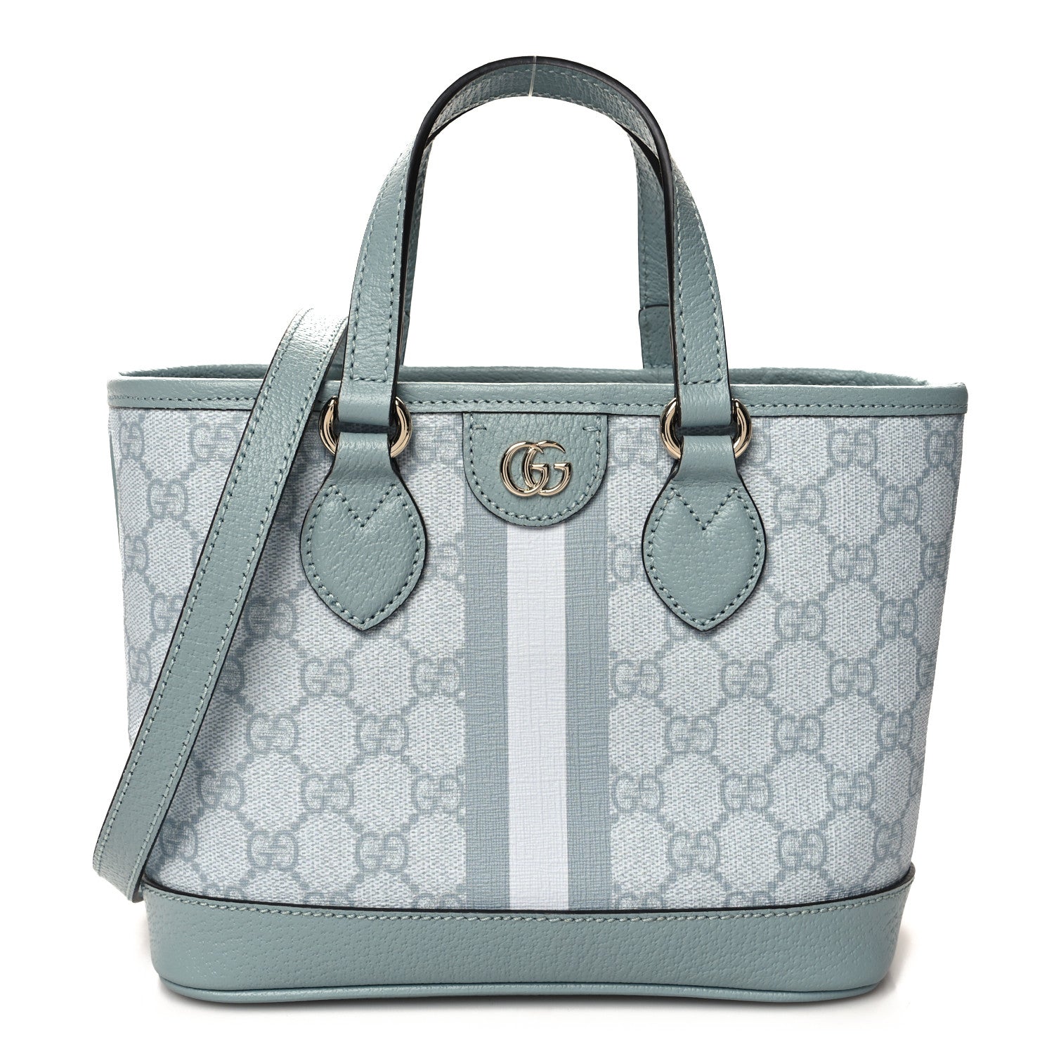 Gucci GG Supreme Monogram Textured Dollar Calfskin Mini Ophidia Shoulder Tote Bag Dusty Blue 1 of 12