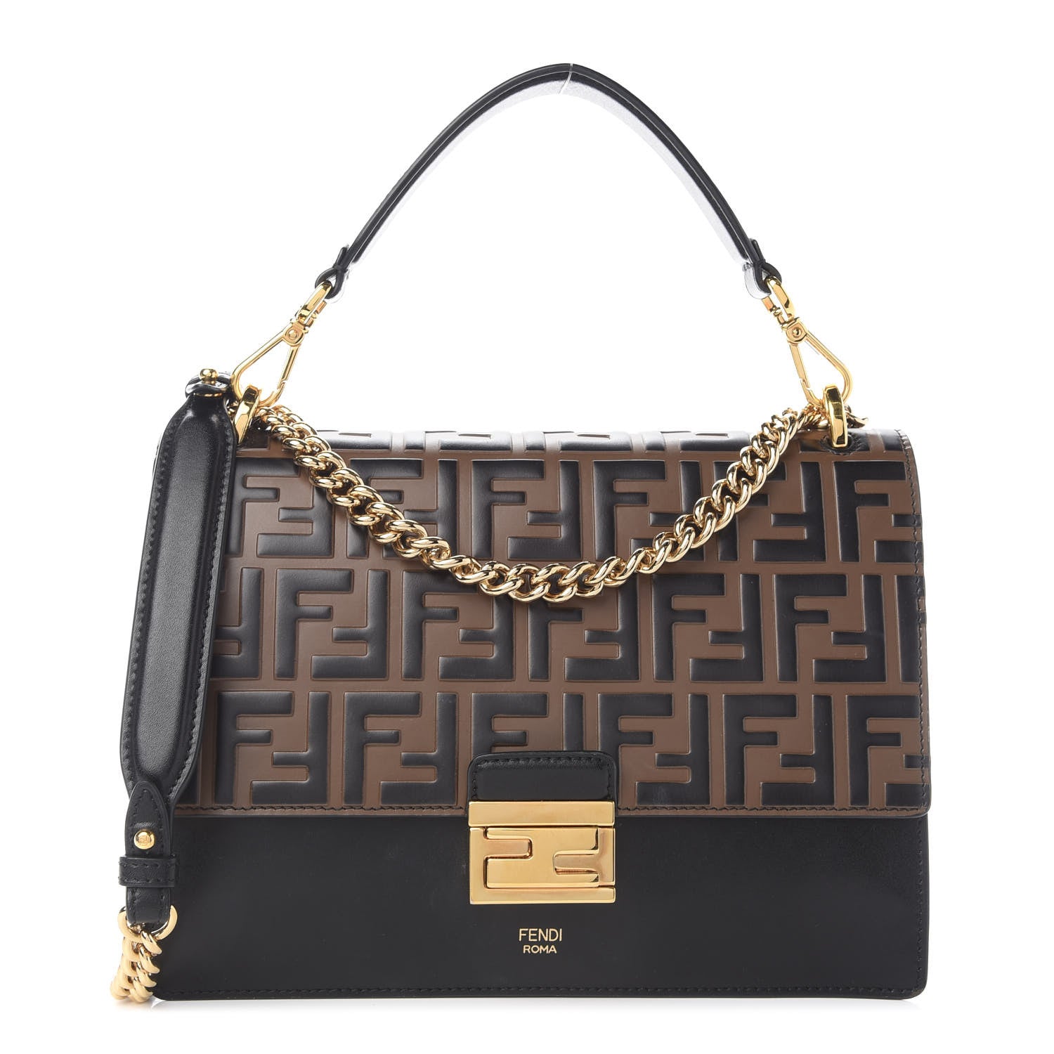 Fendi Vitello Liberty Bi-Color FF 1974 Embossed Chain Strap Kan U Shoulder Bag Black Maya 1 of 9