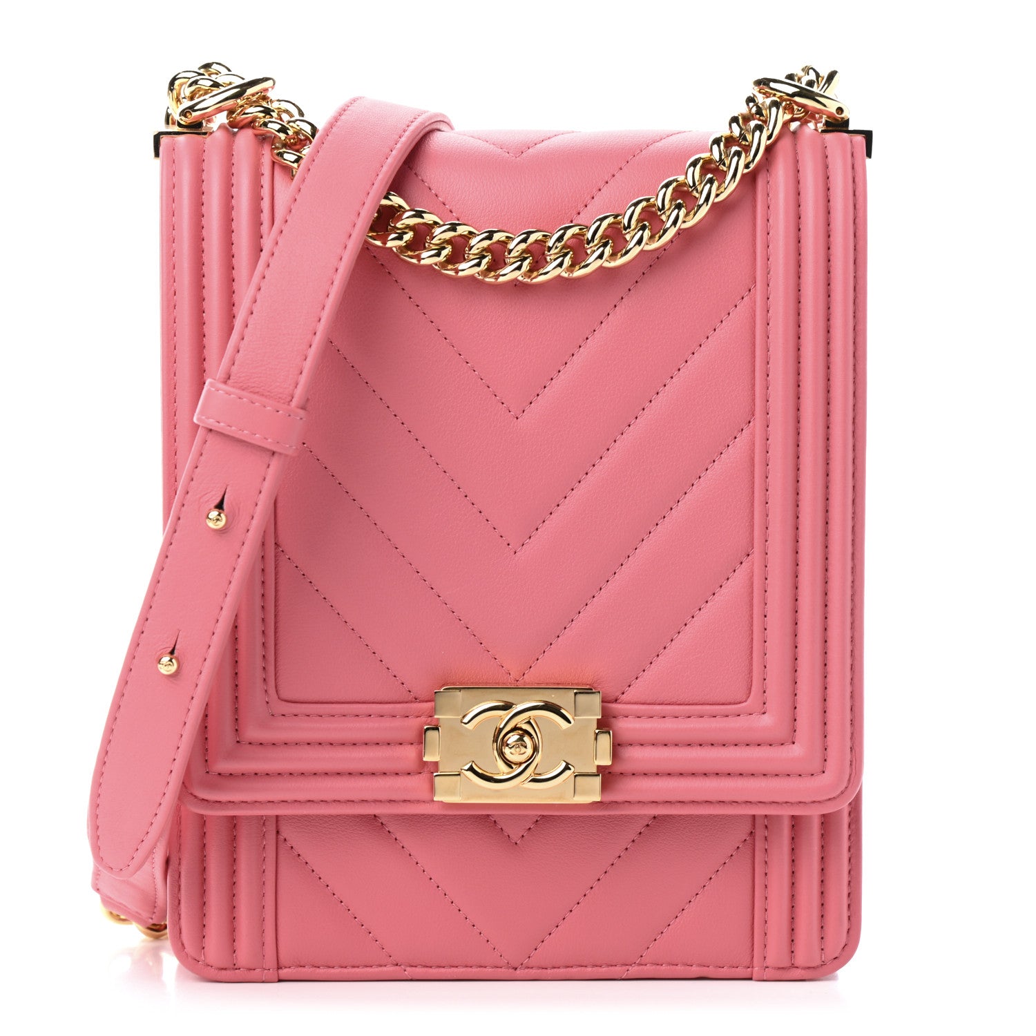 Chanel Calfskin Chevron North South Boy Flap Pink 1 of 7