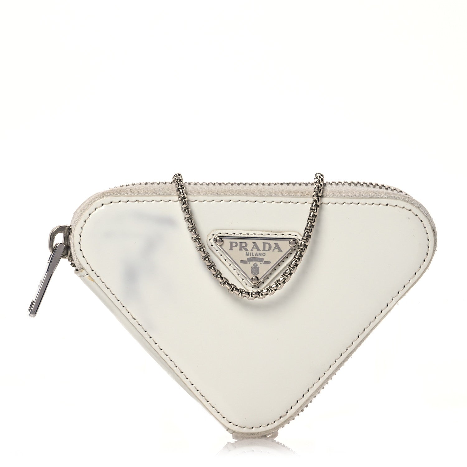 Prada Spazzolato Mini Triangle Chain Crossbody Pouch White 1 of 18