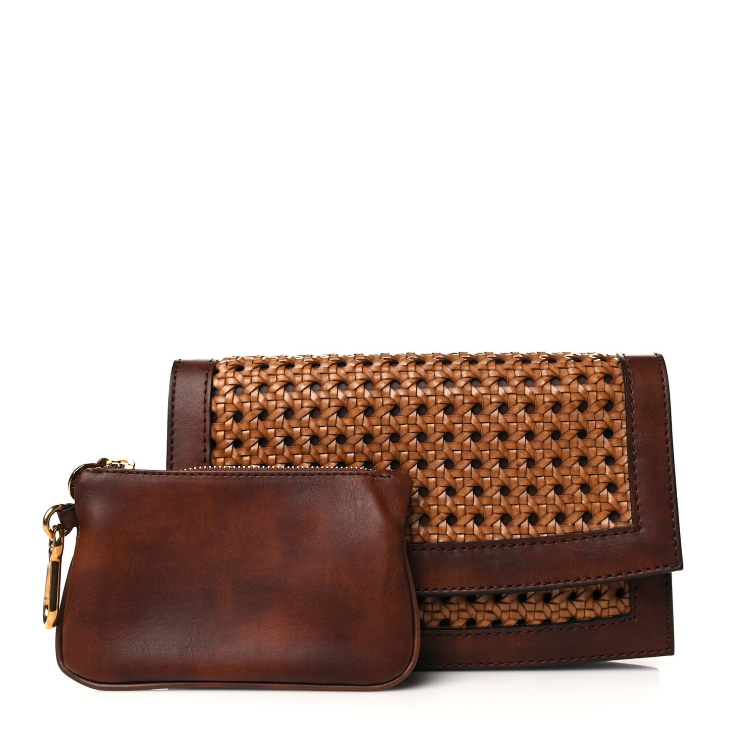 Faux Leather Woven Clutch Brown