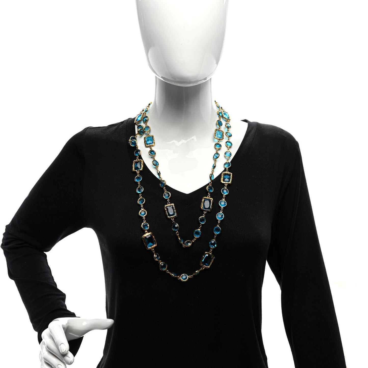 Swarovski Crystal Chicklet Sautoir Necklace Gold Blue
