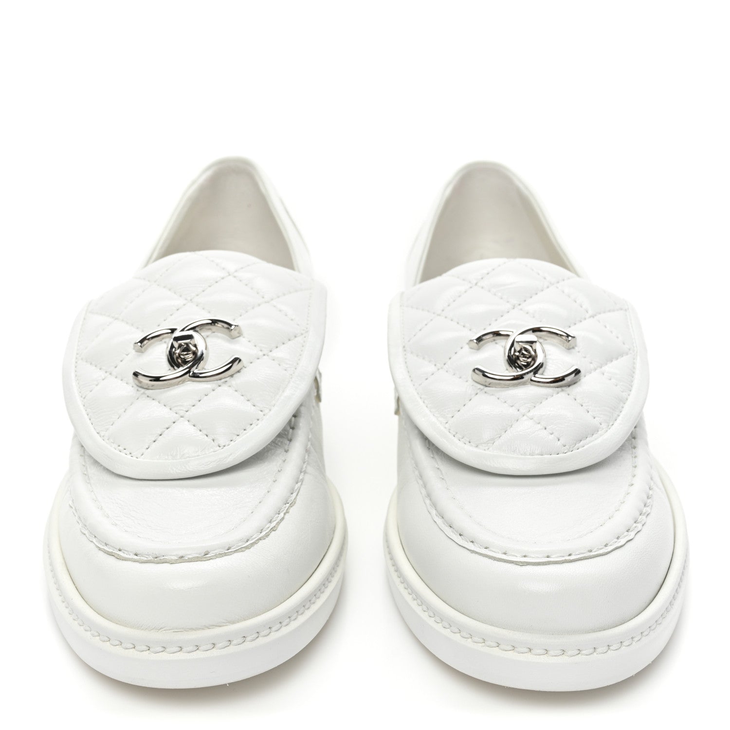 Chanel Shiny Lambskin Quilted CC Turnlock Loafers 40 White 2 of 12