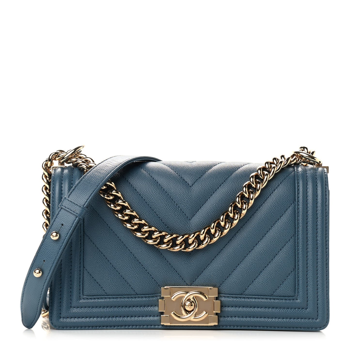 Caviar Chevron Quilted Medium Boy Flap Blue