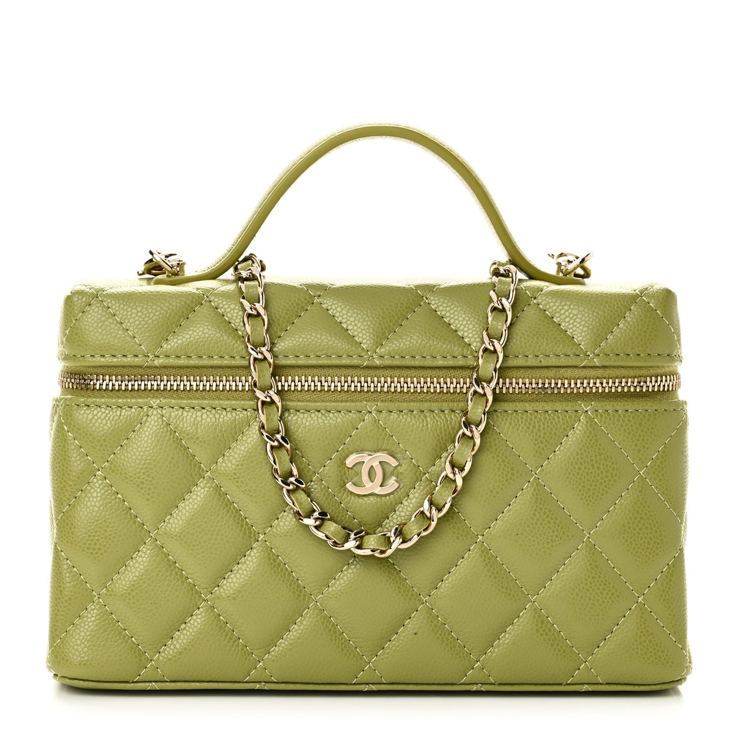 Caviar Quilted Top Handle Slim Vanity With Chain Khaki