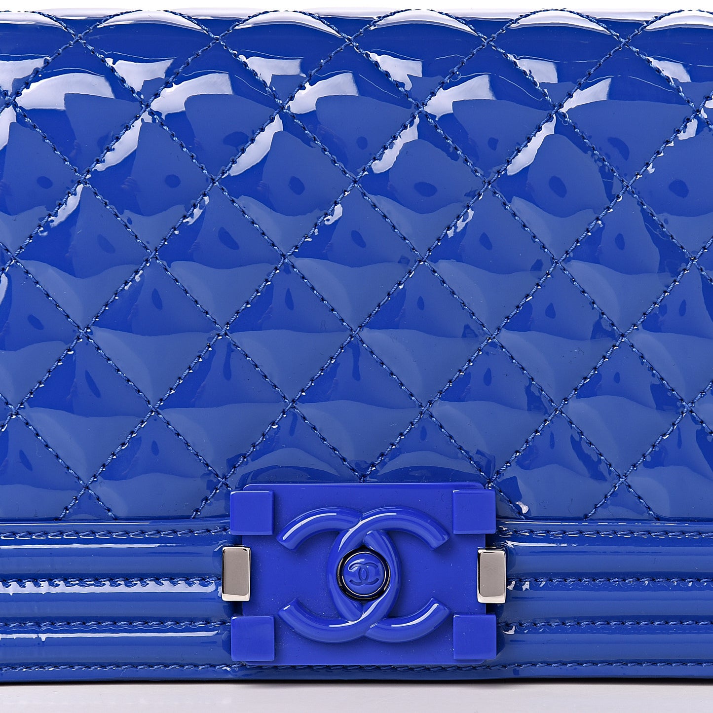 Patent Calfskin Quilted Plexiglass Boy Clutch With Removable Chain Blue
