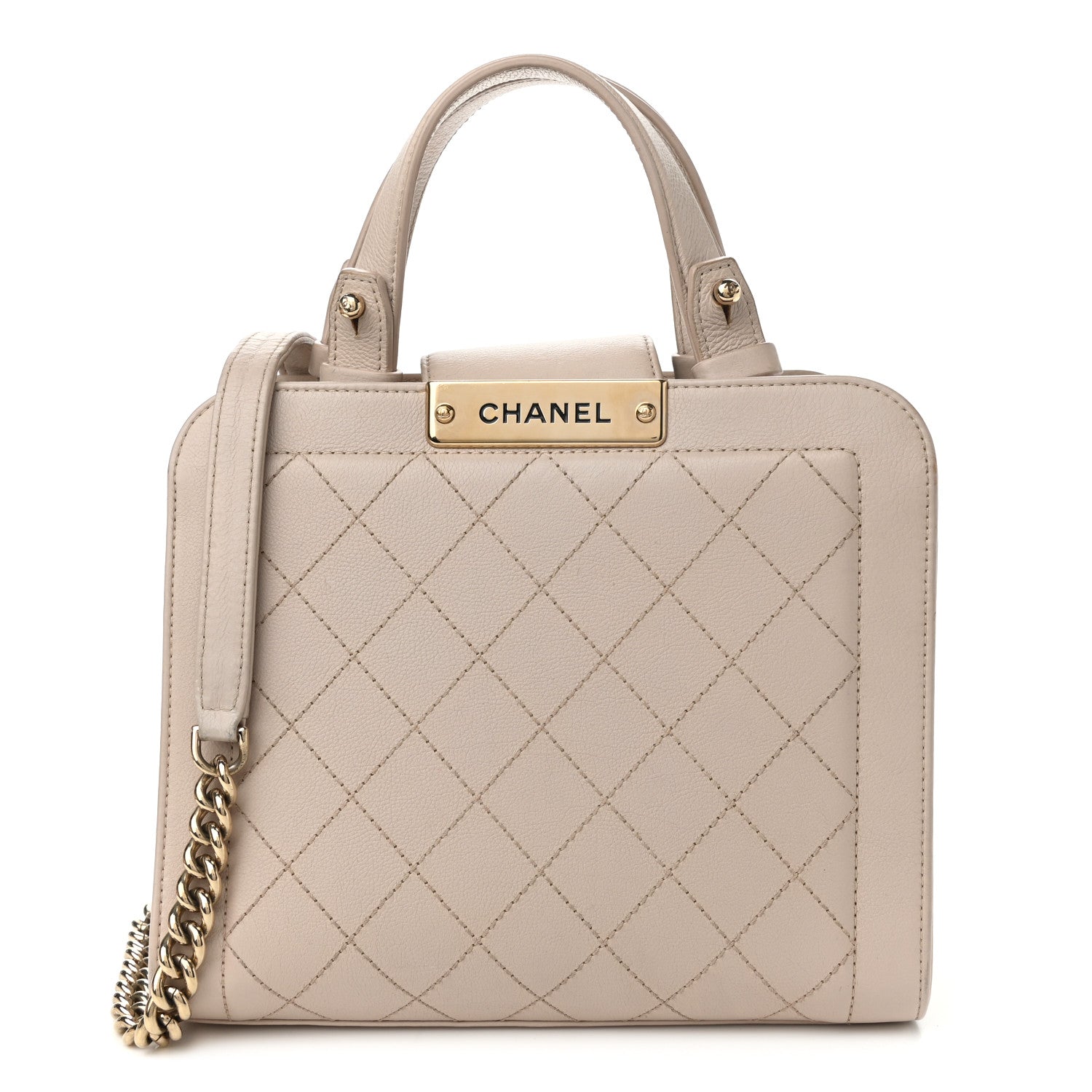 Chanel Grained Calfskin Stitched Small Label Click Shopper Tote Light Beige 1 of 12