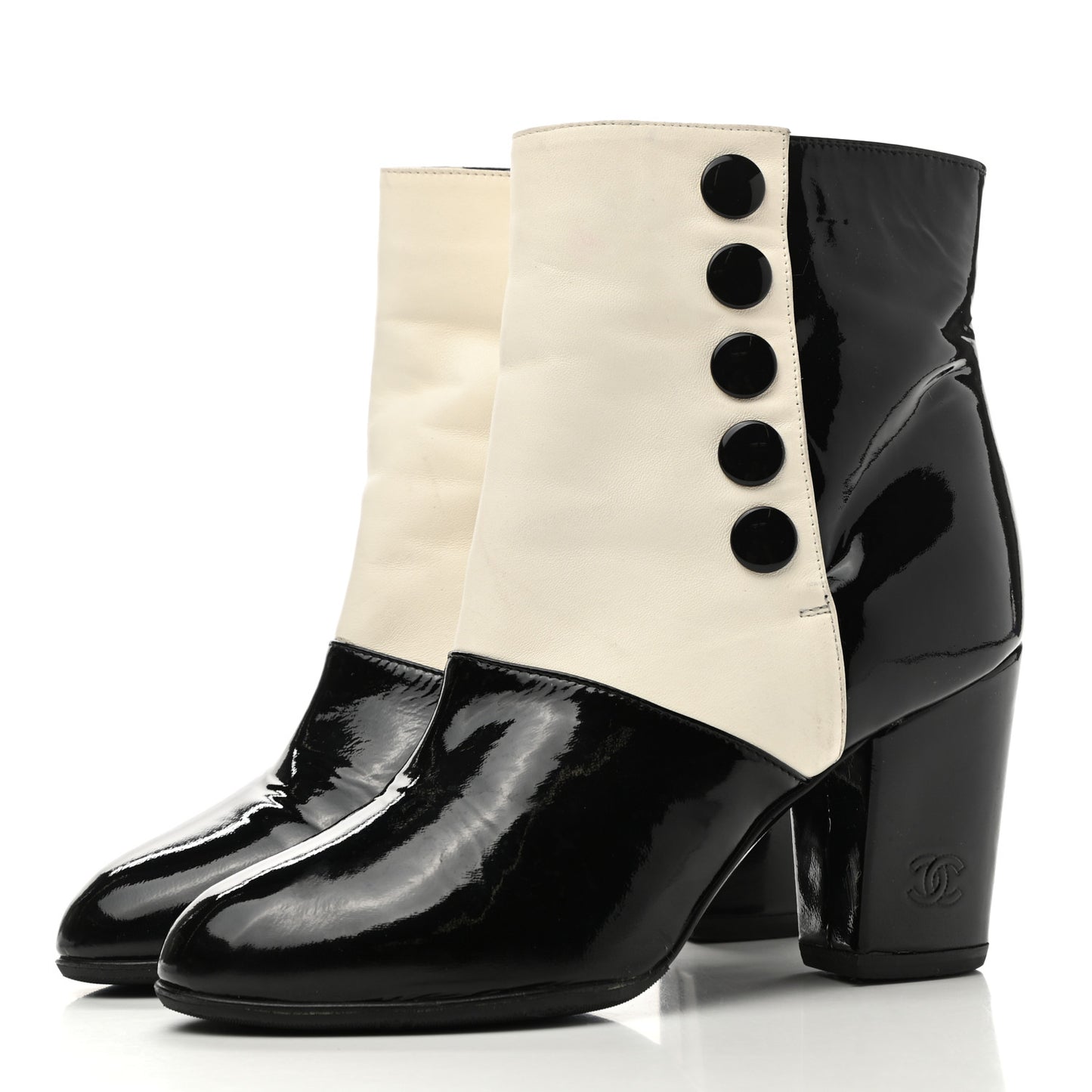 Patent Button CC Short Boots 35 Black White