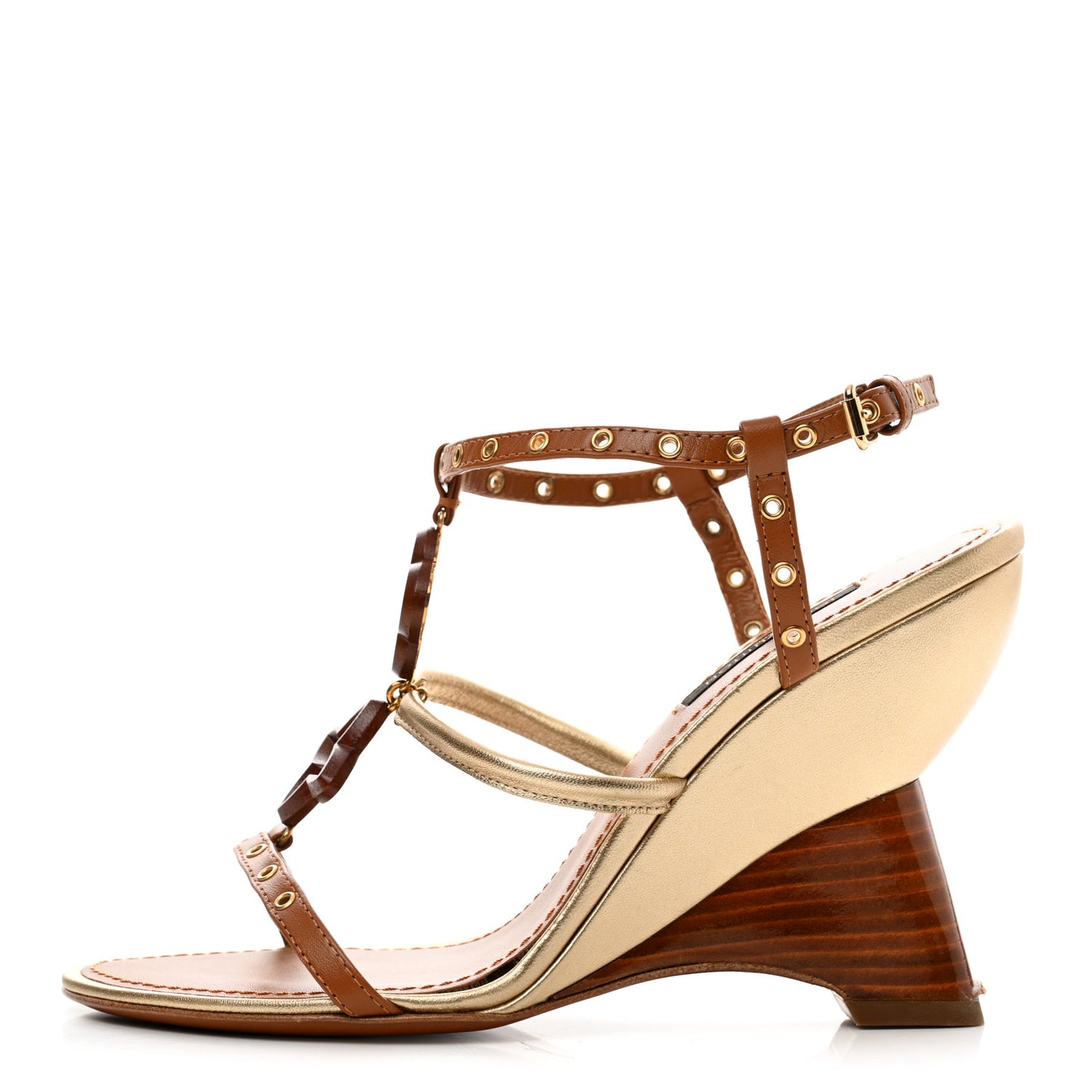 Metallic Calfskin Wood Wedge Sandals 36 Brown Gold