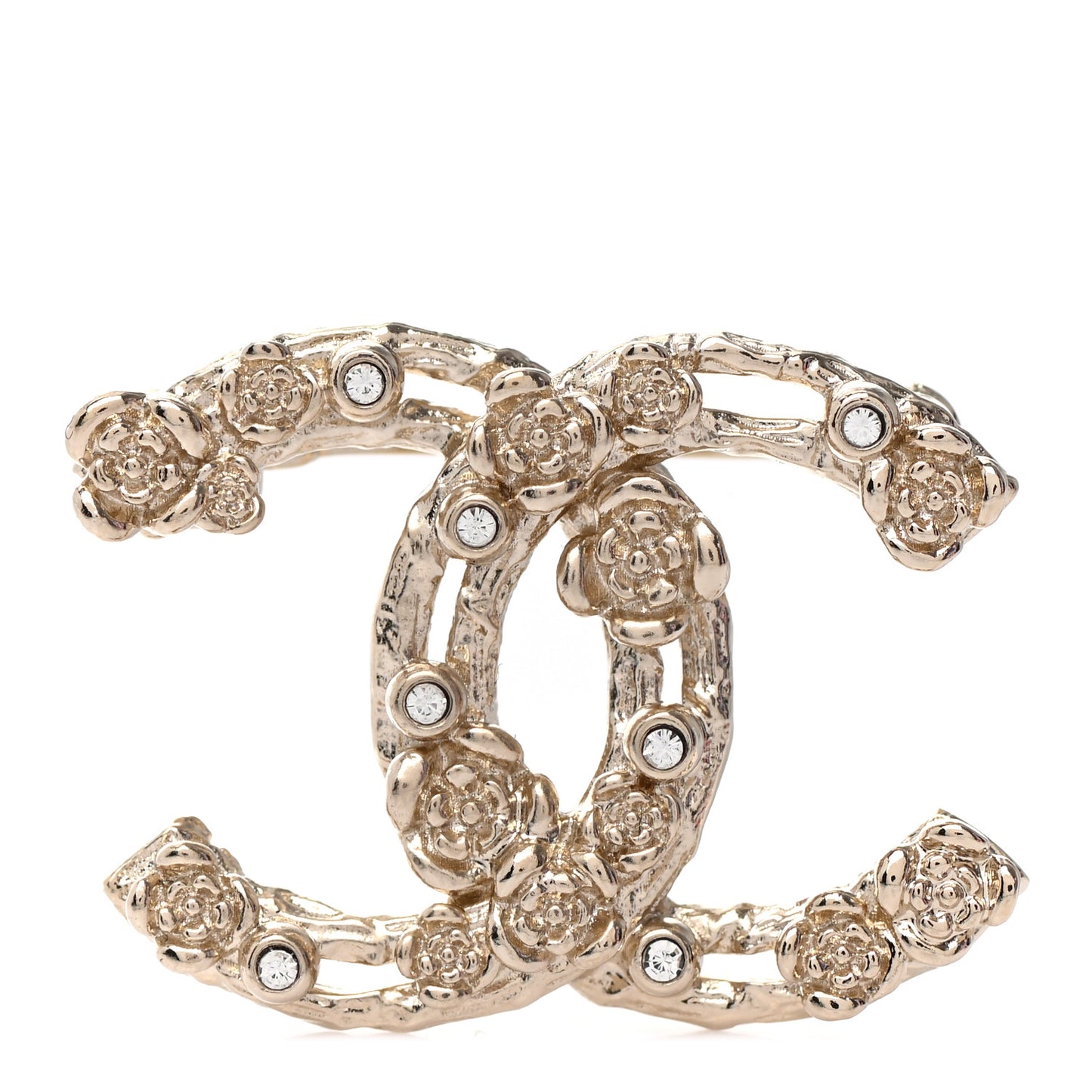 Metal Crystal Camellia CC Brooch Light Gold