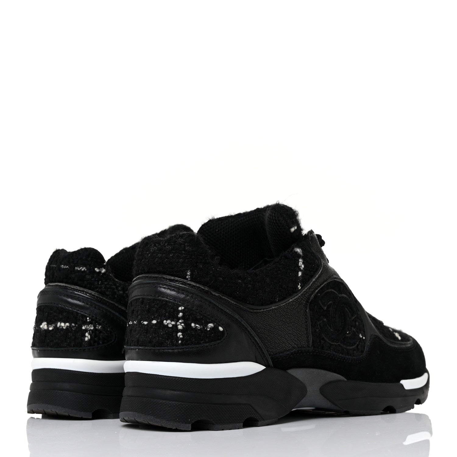 Chanel Tweed Suede Goatskin CC Sneakers 39.5 Black White 4 of 9