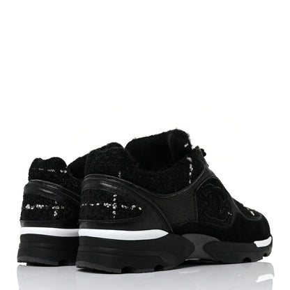 Chanel Tweed Suede Goatskin CC Sneakers 39.5 Black White 4 of 9